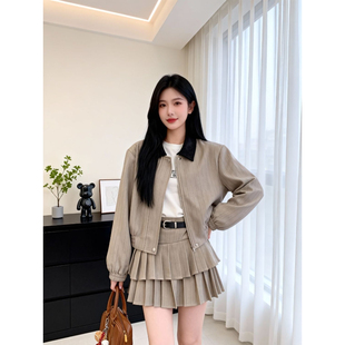 复古百搭翻领夹克外套百褶蛋糕半身裙套装 早春秋酷飒风QD82033