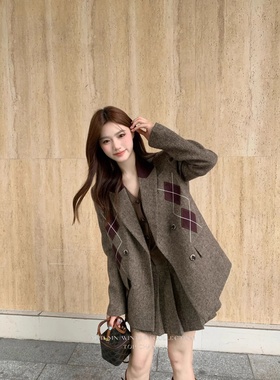 【爆米花专享】老钱风菱格西装外套高腰百褶A字半身裙套装QD82270