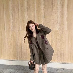 【爆米花专享】老钱风菱格西装外套高腰百褶A字半身裙套装QD82270