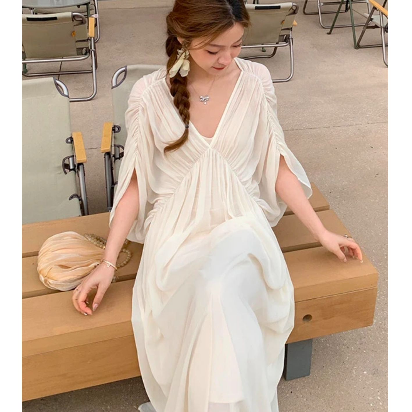 褶皱极简风长裙常规不褪色连衣裙法式宽松韩版夏季