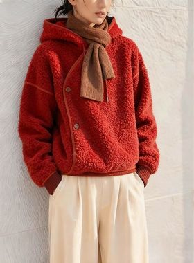 2025新款爆款老钱风超好看高级红色毛羊羔毛卫衣外套女秋冬QD2765