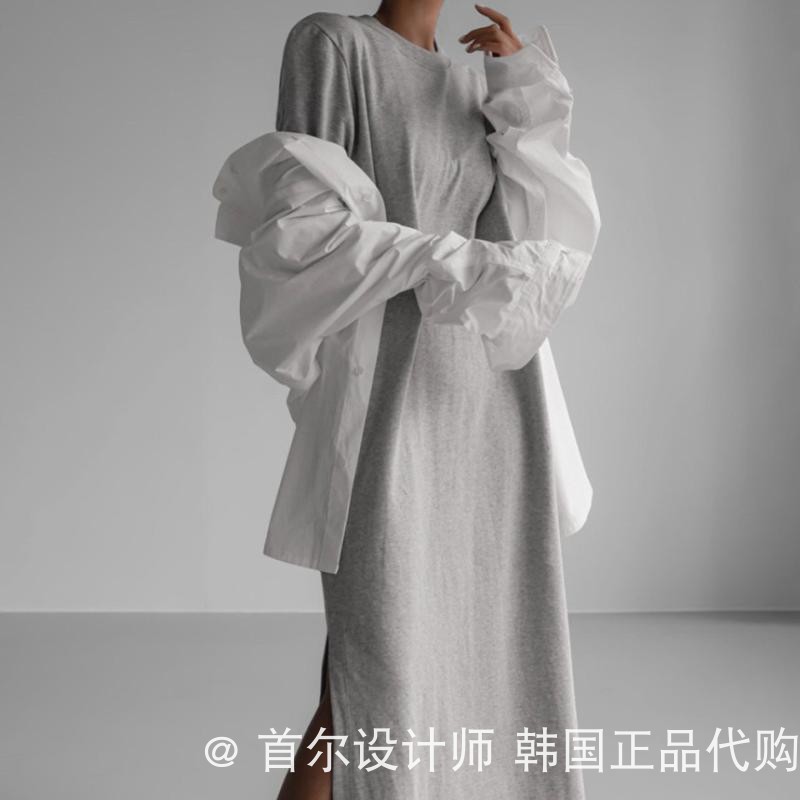 PAPERMOON 韩国代购2022年夏 简约百搭侧开叉宽松短袖连衣裙T恤裙