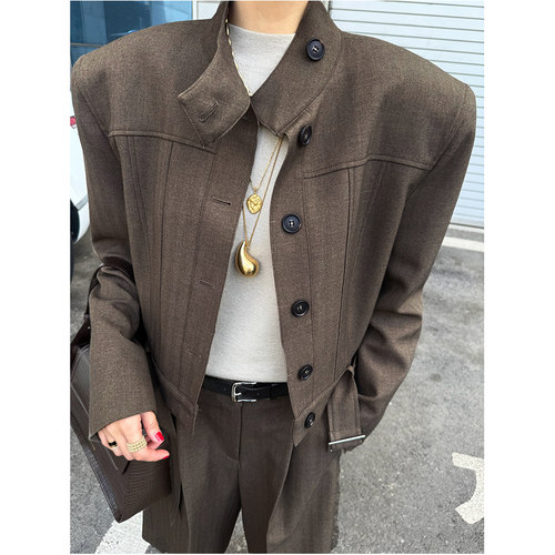 STAGE韩国东大门代购2025秋新款 立领长袖短款外套中裤时尚套装女