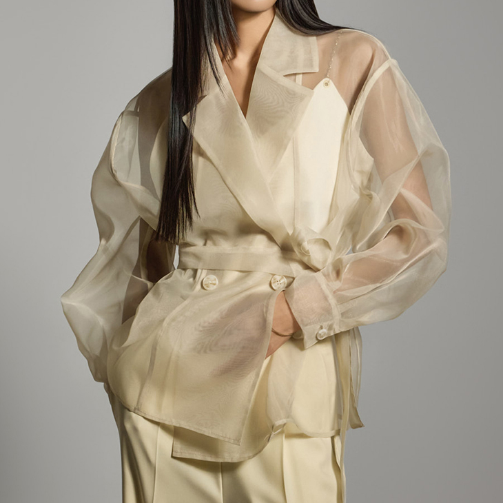 DINT韩国代购2025春夏装女 时尚双排扣系带薄款透视西装外套J2745