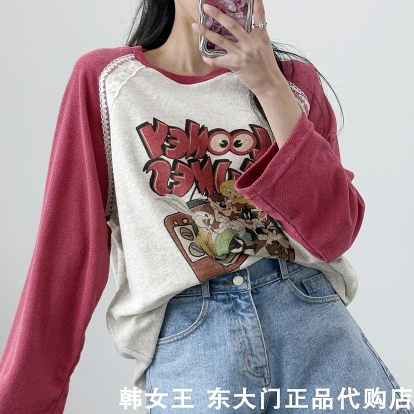 LOVABLE韩国东大门代购2025春季小红同款卡通蕾丝交叉肩毛巾料T恤