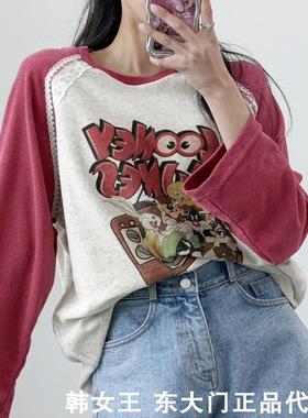 LOVABLE韩国东大门代购2025春季小红同款卡通蕾丝交叉肩毛巾料T恤