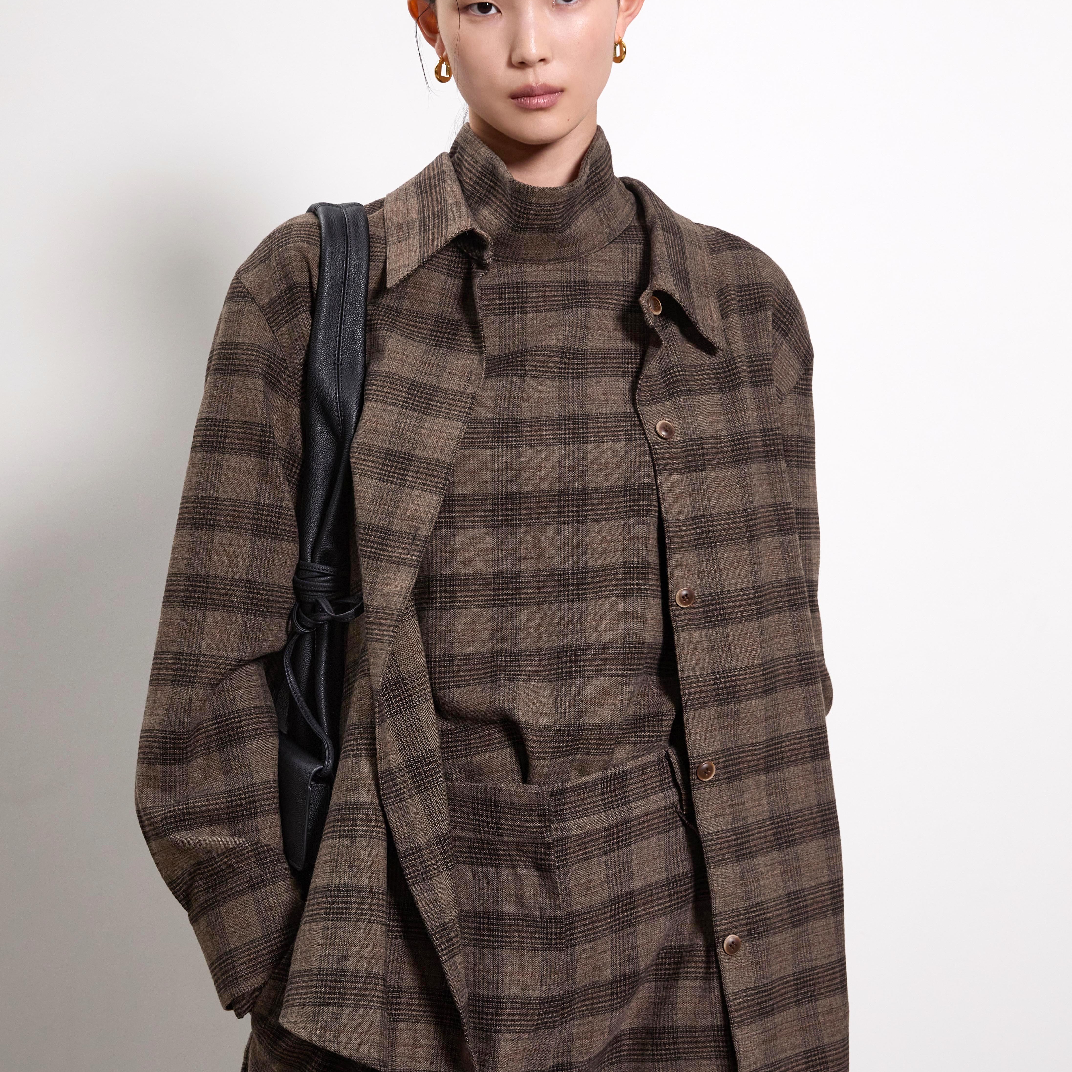 BLOSSOM韩国代购2025秋新款 复古英伦格子纹长袖衬衫长裤套装女