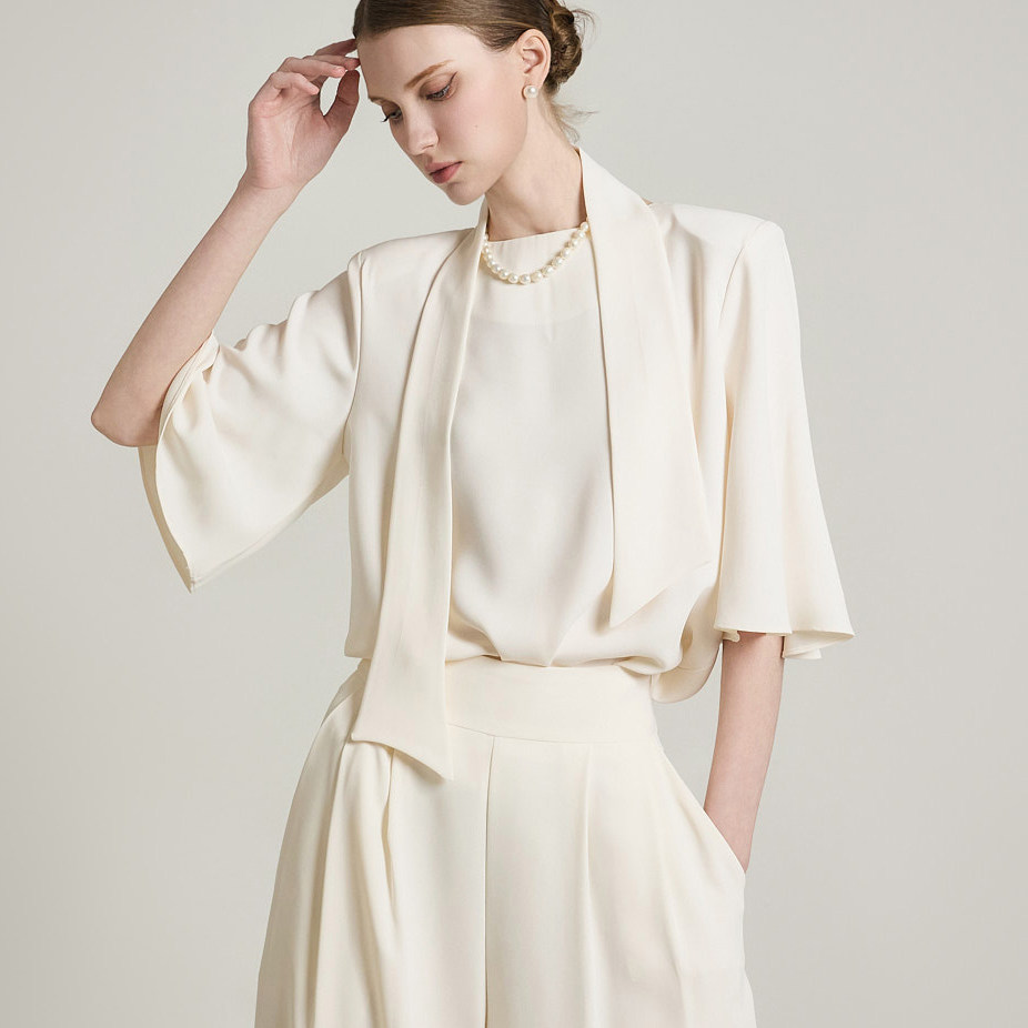 DINT韩国代购2025春装丝巾垫肩飞飞袖套头衬衫+高腰西裤套装B3042