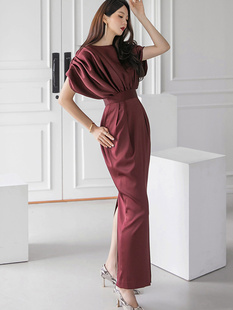 ins复古压褶皱连袖 DINT 2021秋季 韩国代购 高腰气质连衣裙女 VAN