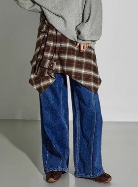 DINT韩国代购2025秋冬新款 时尚中裤线宽松休闲牛仔裤长裤女PJ615