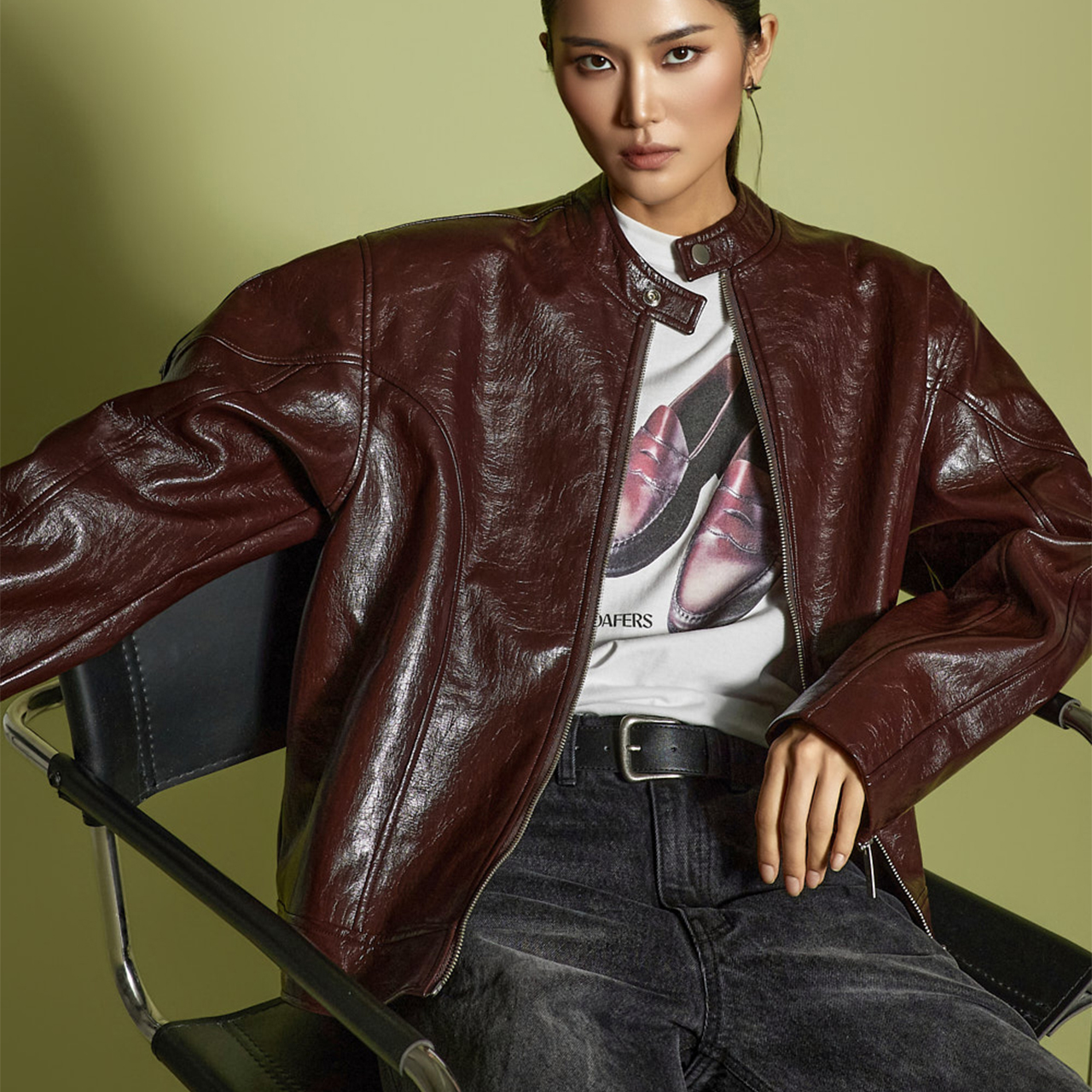 DINT韩国代购2025秋新款 时尚褶皱纹圆领长袖PU皮夹克外套女J2827