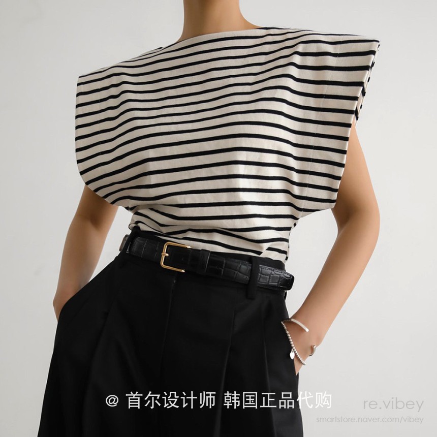 PAPERMOON 韩国代购2023年春夏女装 时尚个性廓形无袖条纹T恤上衣