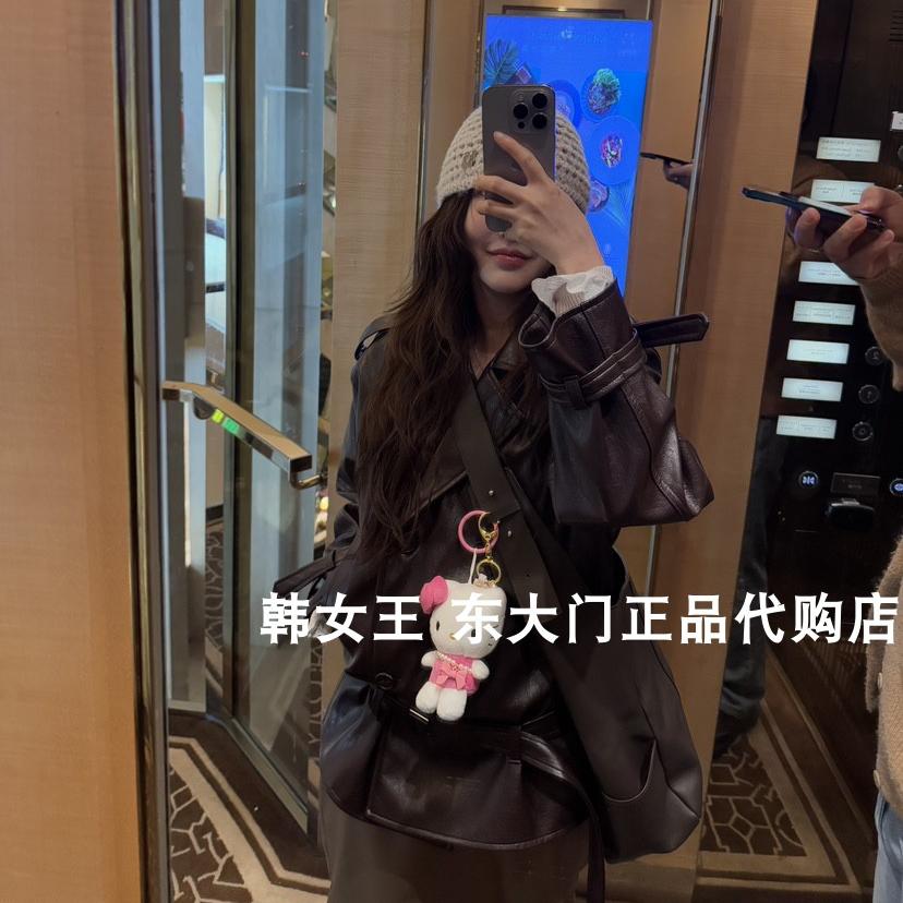 EGGIS韩国东大门代购2025春季女装 复古港风双排扣腰带PU皮衣外套