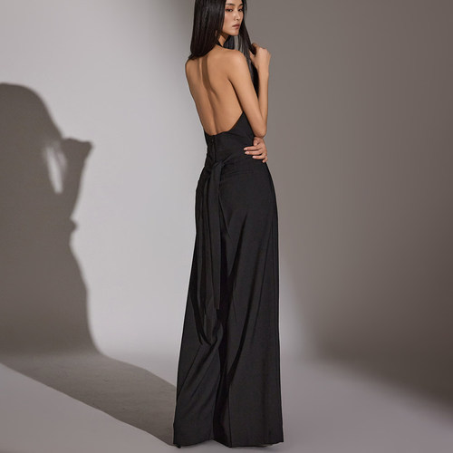 DINT 韩国代购2024春夏女装 气质露背V领挂脖无袖连体裤长裤JS038