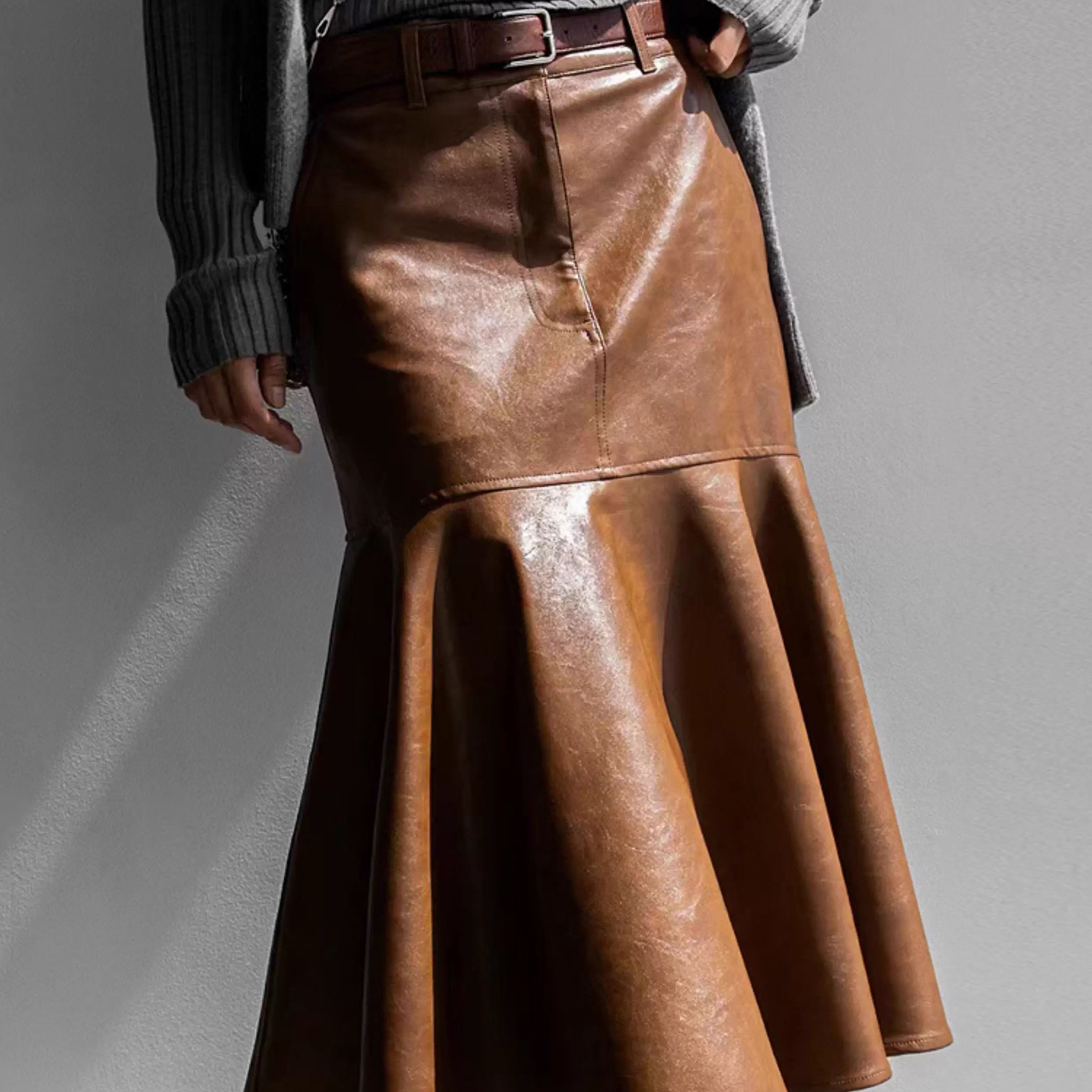 PAPERMOON韩国代购2025秋冬新款 百搭复古中长鱼尾裙PU皮半身裙女