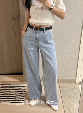 VIRKIN 韩国代购2024春款女装 时尚波点高腰牛仔裤直筒长裤东大门