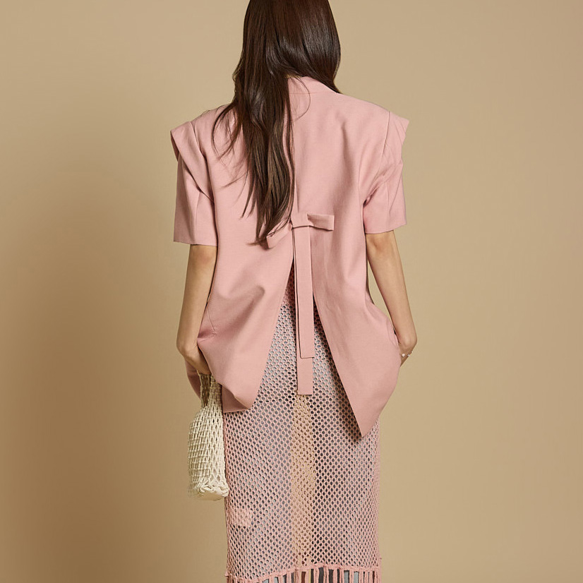 DINT韩国代购2025春季女装 时尚背后开衩蝴蝶结短袖西装外套J2766