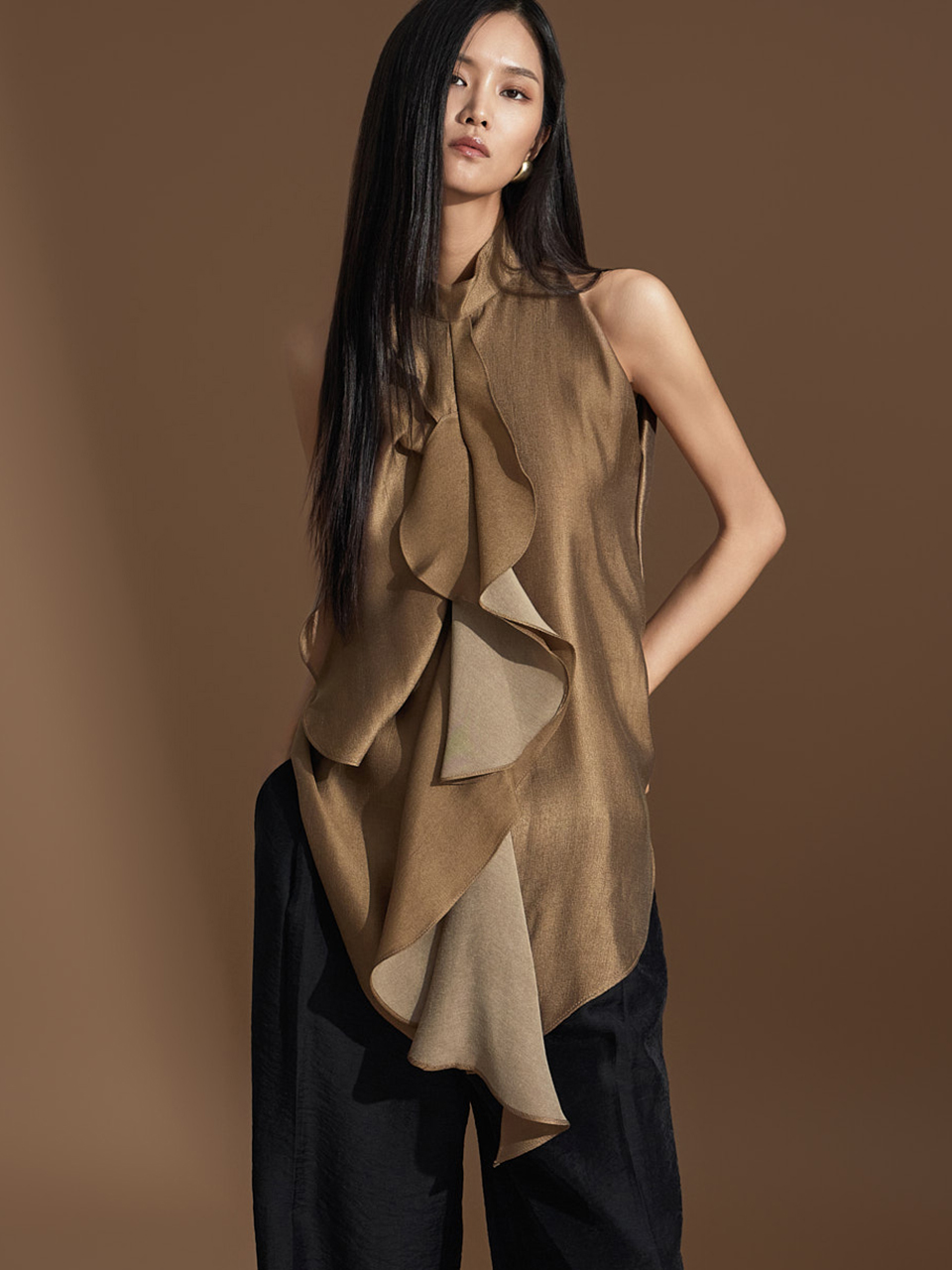 DINT韩国代购2024春夏女装 气质垂坠荷叶边套头无袖上衣衬衫B9178