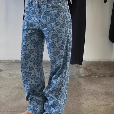 GATELESS韩国东大门代购2025春夏新款时尚玫瑰花直筒牛仔裤女长裤