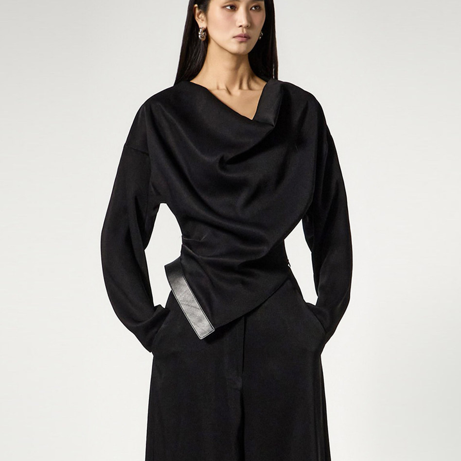 DINT韩国代购2026春装 优雅气质垂坠褶皱开衩套头衬衫上衣女B9211