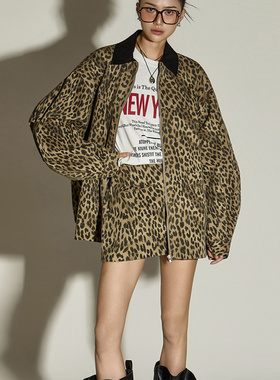 DINT韩国代购2025秋新款 时尚豹纹宽松外套夹克女休闲套装J2887