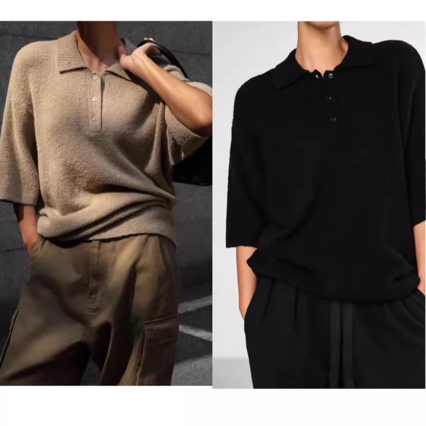 PAPERMOON 韩国代购2024秋款女装 时尚半系扣翻领短袖套头针织衫