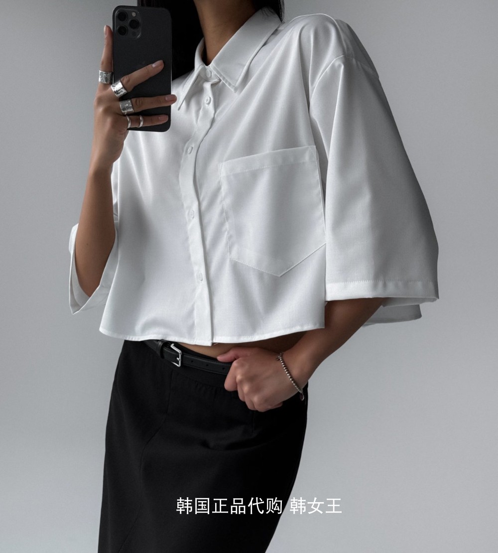 PAPERMOON韩国代购2024夏女装 纯色百搭翻领宽松短款短袖衬衫衬衣