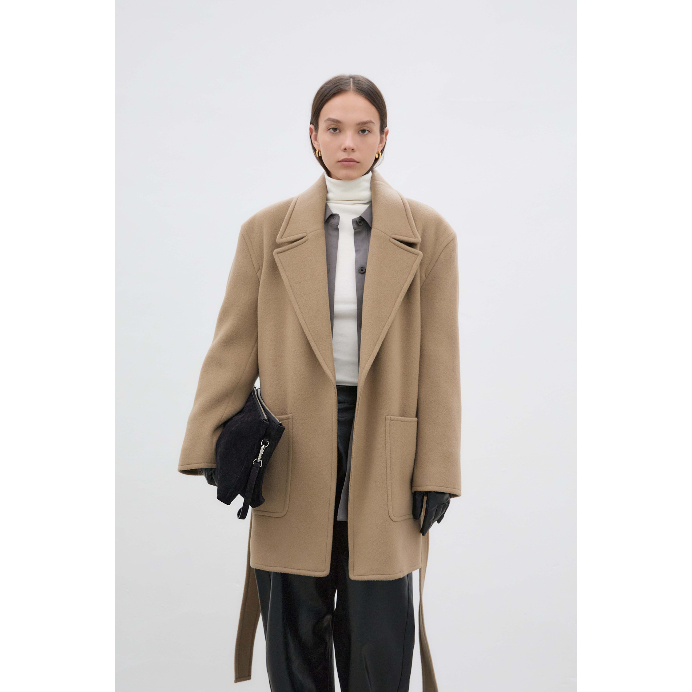 BLOSSOM韩国代购2025秋冬装 时尚翻领廓形宽松系带羊绒羊毛外套女