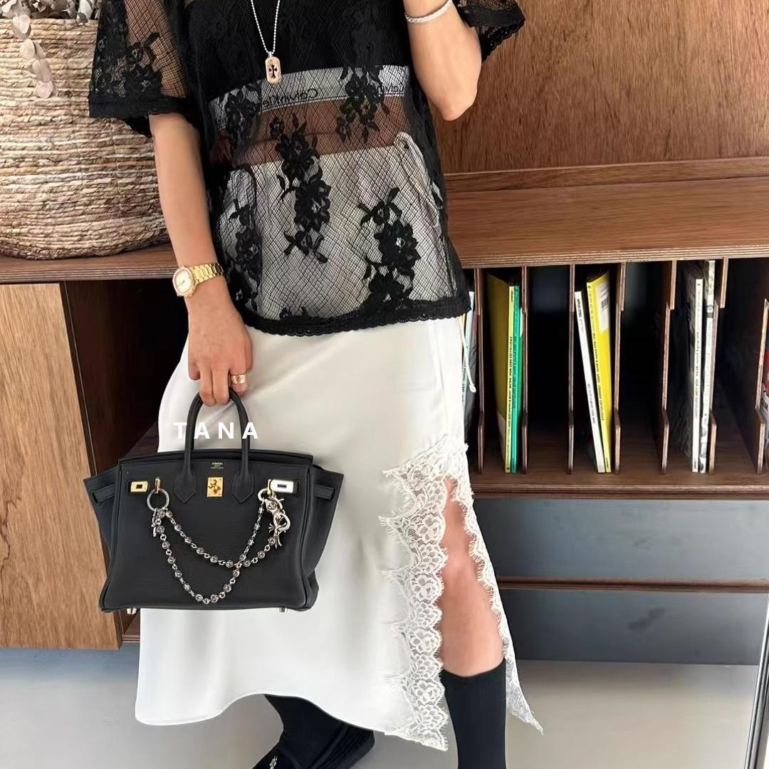 TARA BY MOTION韩国东大门代购2025春女装百搭蕾丝边中长裙半身裙