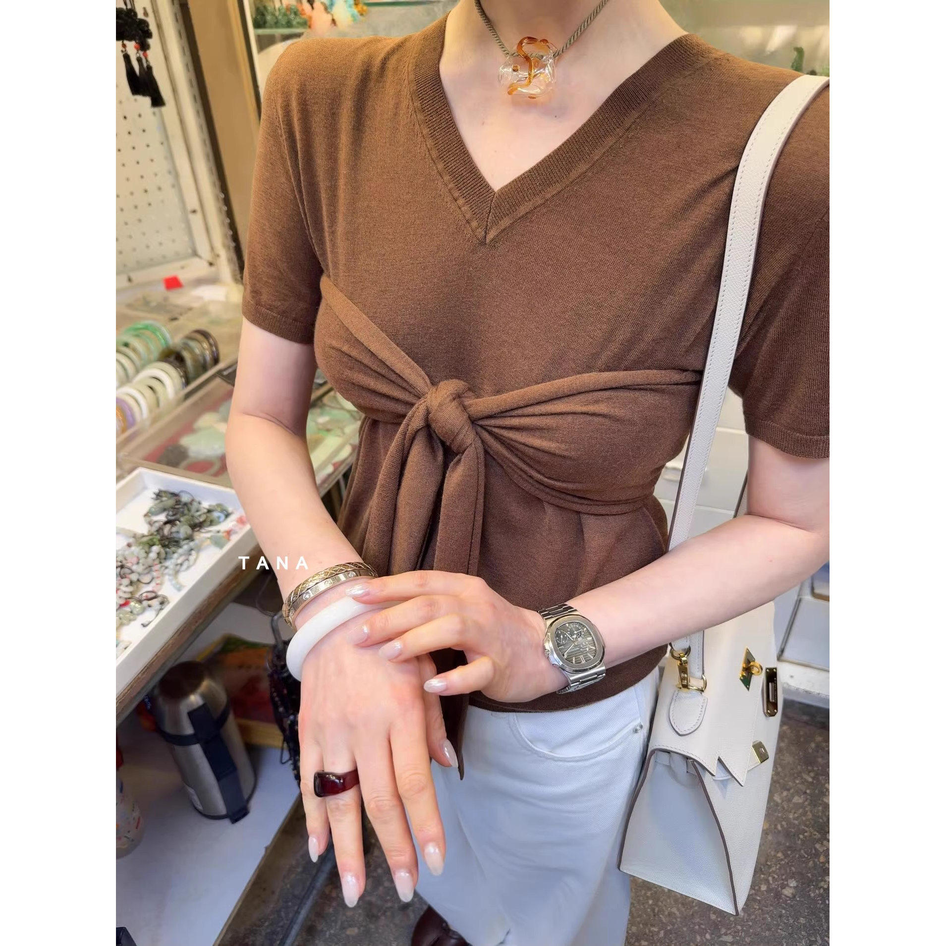 HELDER韩国代购2026春装 时尚系带束胸假两件短袖针织衫T恤女上衣