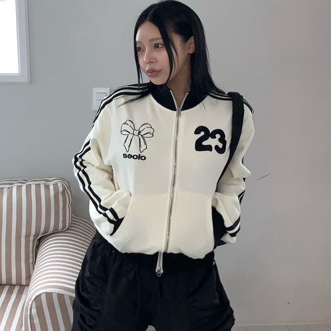 SEOLO 韩国代购2025春女装新款 减龄数字蝴蝶结拉链运动休闲卫衣