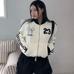 SEOLO 韩国代购2025春女装新款 减龄数字蝴蝶结拉链运动休闲卫衣