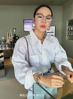 TOPQUEEN韩国代购2024春新款女装简约气质竖条纹宽松长袖衬衫衬衣