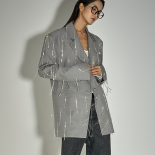 DINT韩国东大门代购2025秋新款 仿钻锆石流苏水滴西装外套女J9323