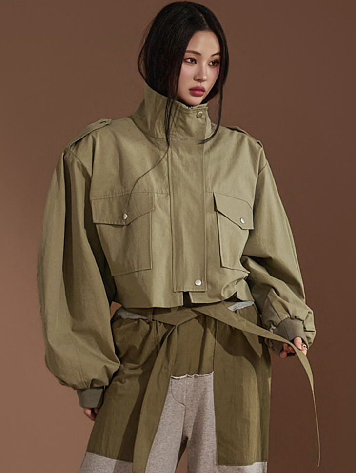 DINT韩国代购2024春款女装 街头风口袋立领阔形短款外套夹克J2174