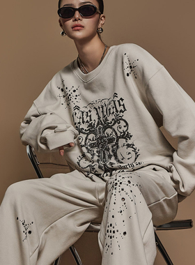 DINT韩国代购2024秋冬女装 字母印花圆领长袖卫衣+卫裤套装E3592