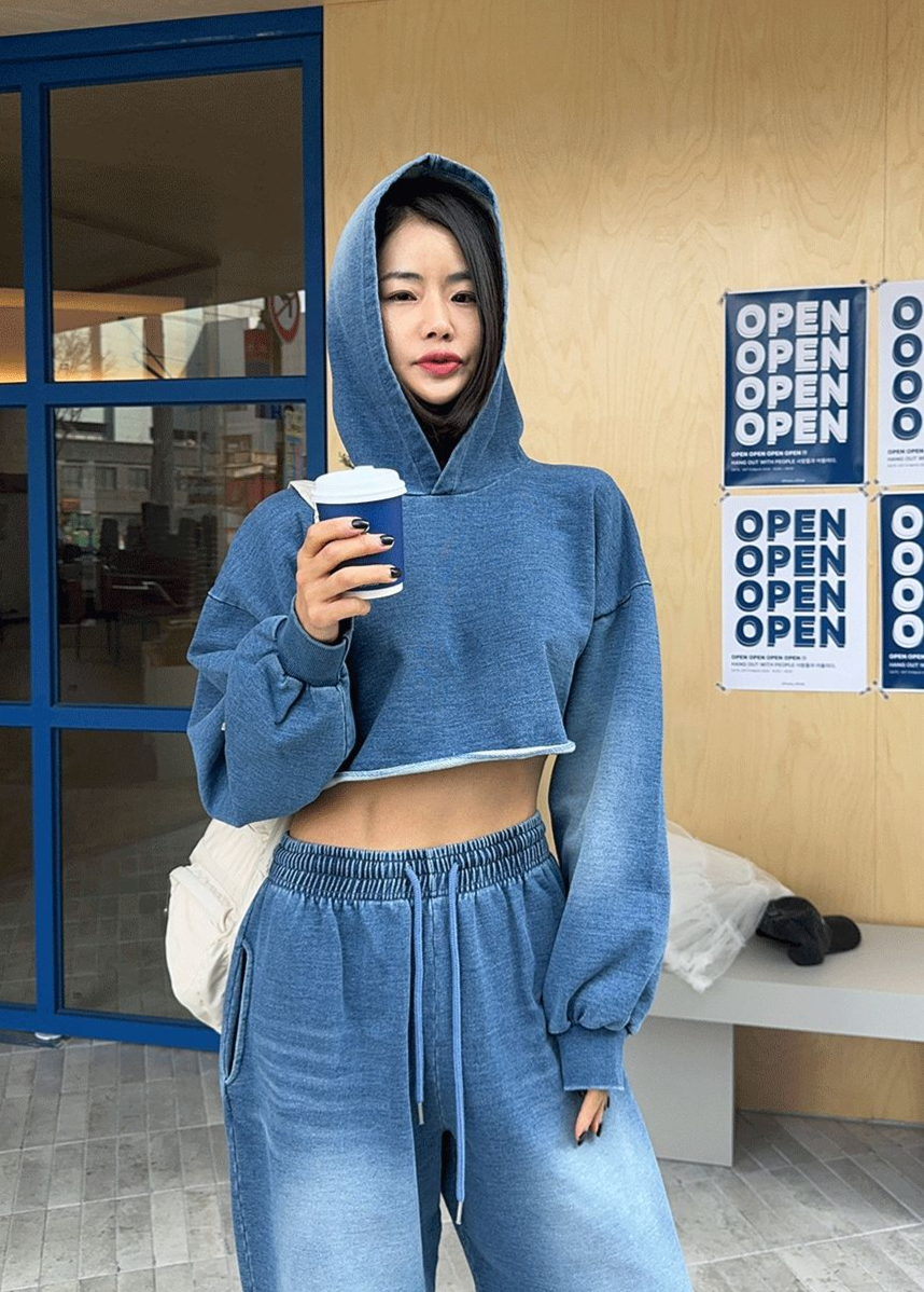 MAYMAY 韩国代购2024春新款女装 水洗磨白连帽卫衣+长裤休闲套装
