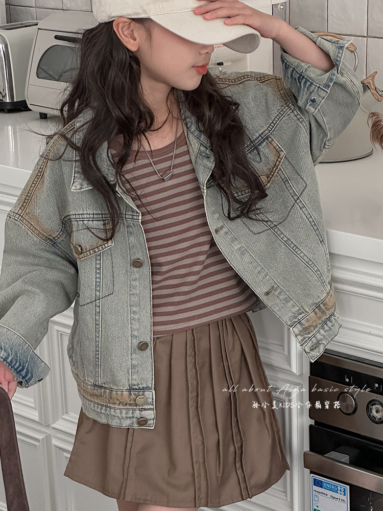 헤비 크래프트 스프레이 페인팅 여아 데님 재킷 2024 봄 가을 새로운 스타일 아동 상의 세련된 대형 아동 가을 재킷