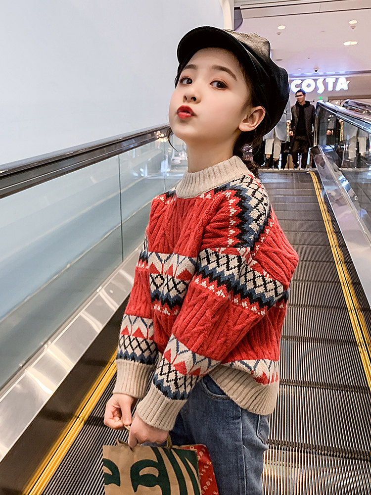 Red girls sweater autumn and winter 2020 new children's foreign school girl base shirt in the big child thick Korean version