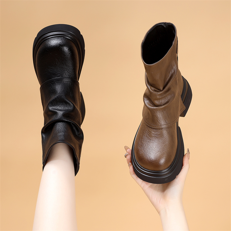 欧货复古马丁靴女2025新款秋冬厚底小个子英伦堆堆褶皱切尔西短靴