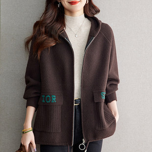 宽松洋气中老年妈妈双面羊绒大衣 加大码 连帽毛呢外套女新款 秋冬季