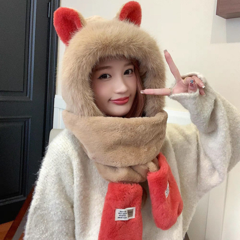 冬毛绒帽子围巾手套一体女冬季保