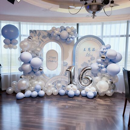 浅蓝高级生日场景布置装饰16岁18岁成人礼女孩气球kt板定制背景墙
