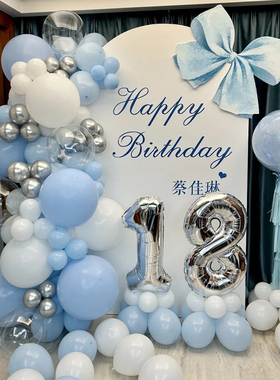 蓝色女孩16岁18岁成人礼生日快乐氛围感场景布置装饰气球kt背景板
