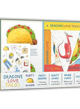英文原版 Dragons Love Tacos Party-in-a-Box 爱吃玉米饼的龙 盒中派对套装 包括折叠游戏 海报和20张贴纸 进口英语原版书籍