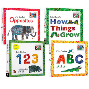 艾瑞卡尔纸板书4册 英文版 书籍 英文原版 Things 123 进口英语原版 Opposites Abc Grow How Carle 儿童启蒙认知绘本 Eric