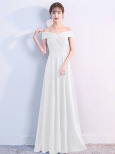 a字裙子 轻奢婚礼小众大摆长款 一字肩晚礼服连衣裙女夏装 白色新款