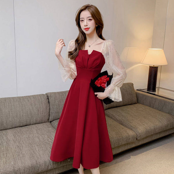 敬酒服新娘秋季2023新款酒红色订婚结婚回门小礼服连衣裙日常可穿_虎窝淘