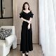 气质显瘦宴会连衣裙晚装 晚礼服修身 女 短袖 高级感黑色露肩V领长款