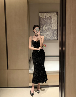 满天星黑色亮片女生日晚礼服名媛气质丝绒包臀鱼尾裙赫本风氛围感